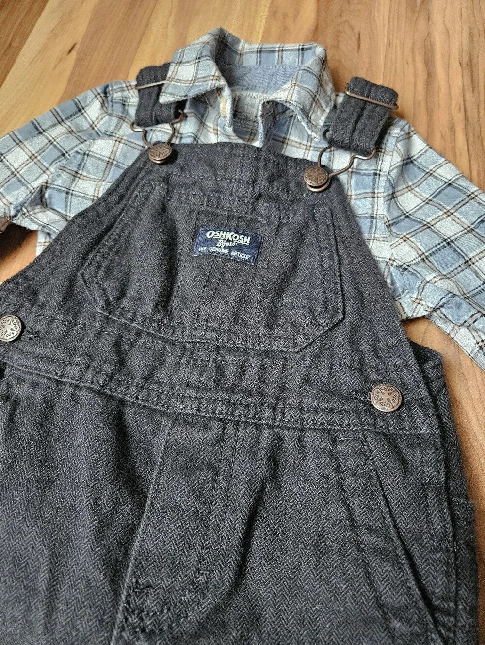 OshKosh B'gosh Black Denim Overalls with Light Blue Plaid Bodysuit Onesie 12 Mo